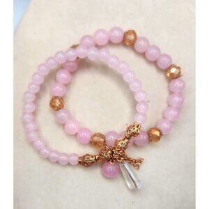 Pink Blush Quartz Beaded Bracelets With Gold Tone Bead Accents